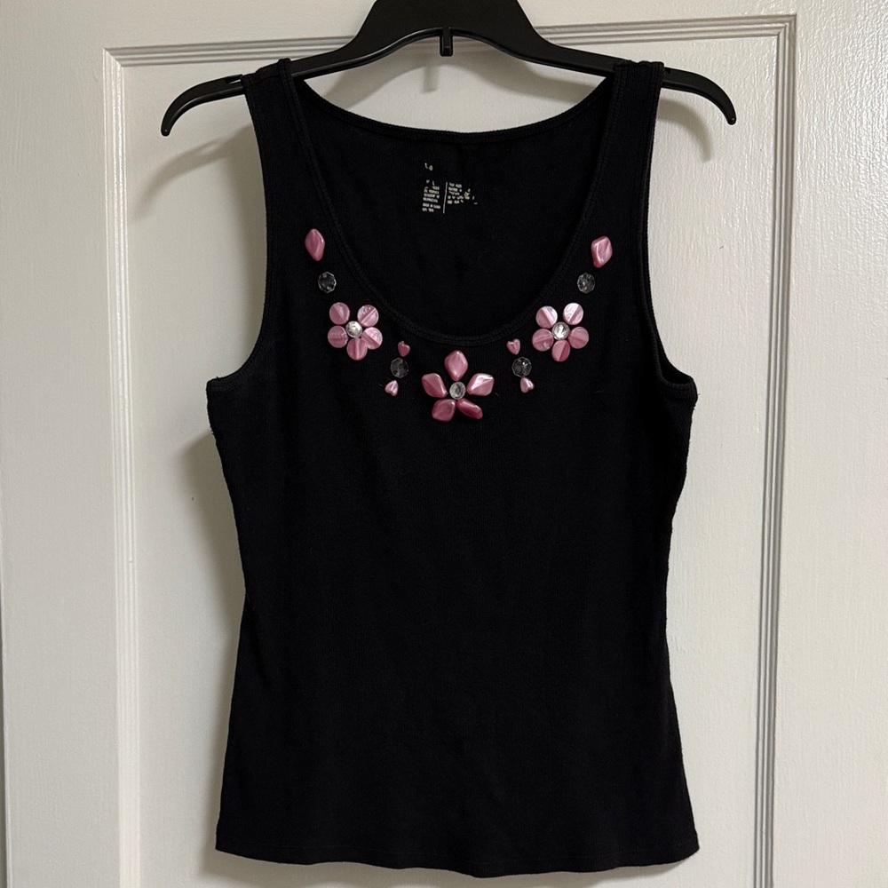Adorable Vintage  Black Tank Top with Pink Floral Embellishments